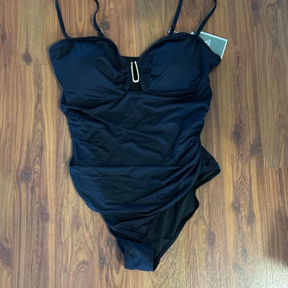 NWT Eomenie Black one piece, ruched  swimsuit size 2xl with gold hardware